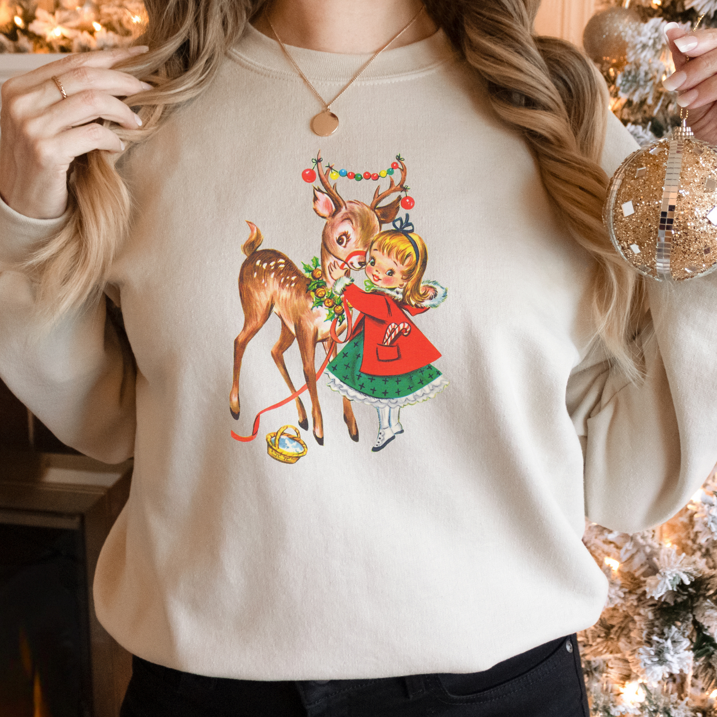 Vintage Reindeer Christmas Sweatshirt, Retro Christmas Shirt, Vintage Graphic, Vintage 1950s Girl and Reindeer Graphic, Rudolph Sweatshirt