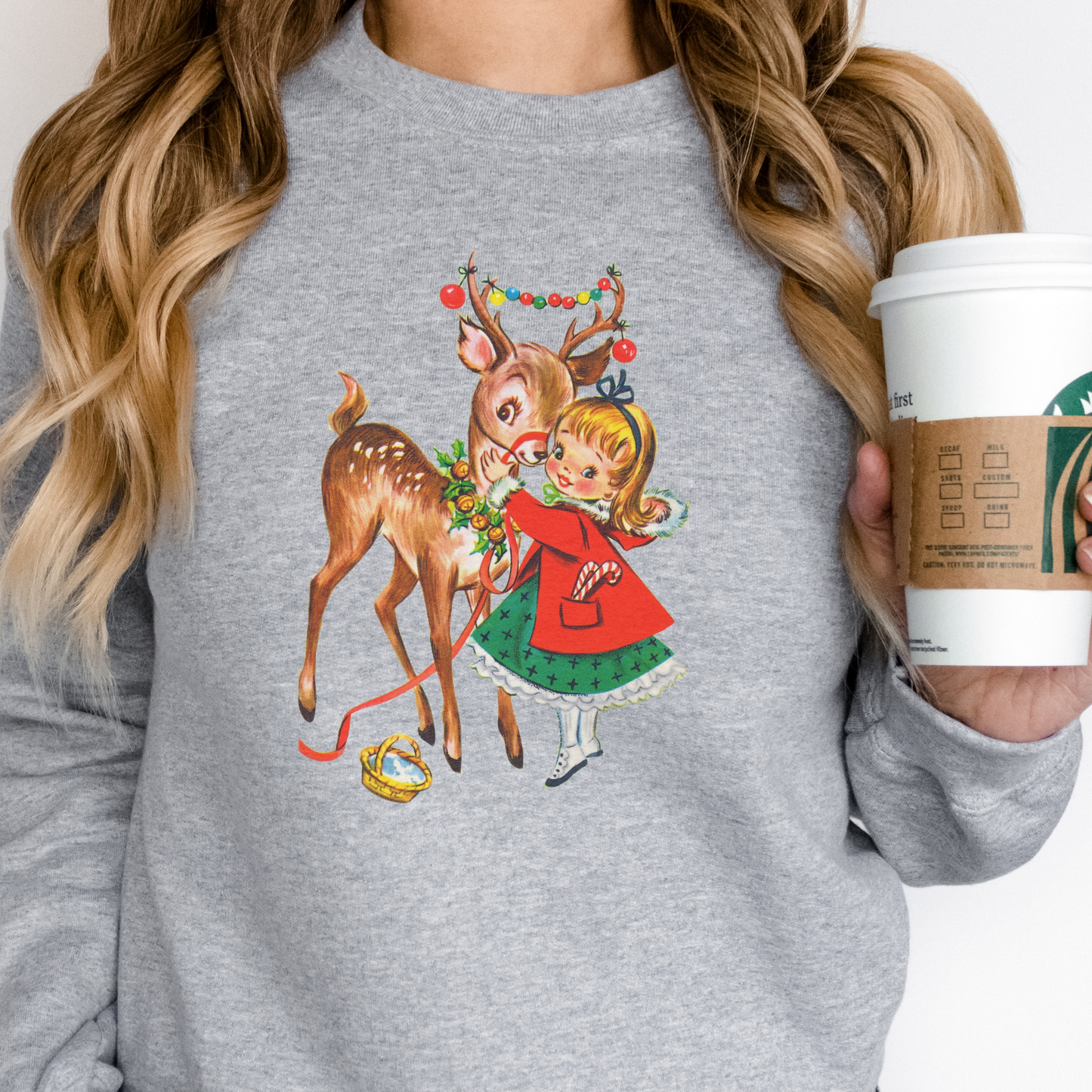 Vintage Reindeer Christmas Sweatshirt, Retro Christmas Shirt, Vintage Graphic, Vintage 1950s Girl and Reindeer Graphic, Rudolph Sweatshirt