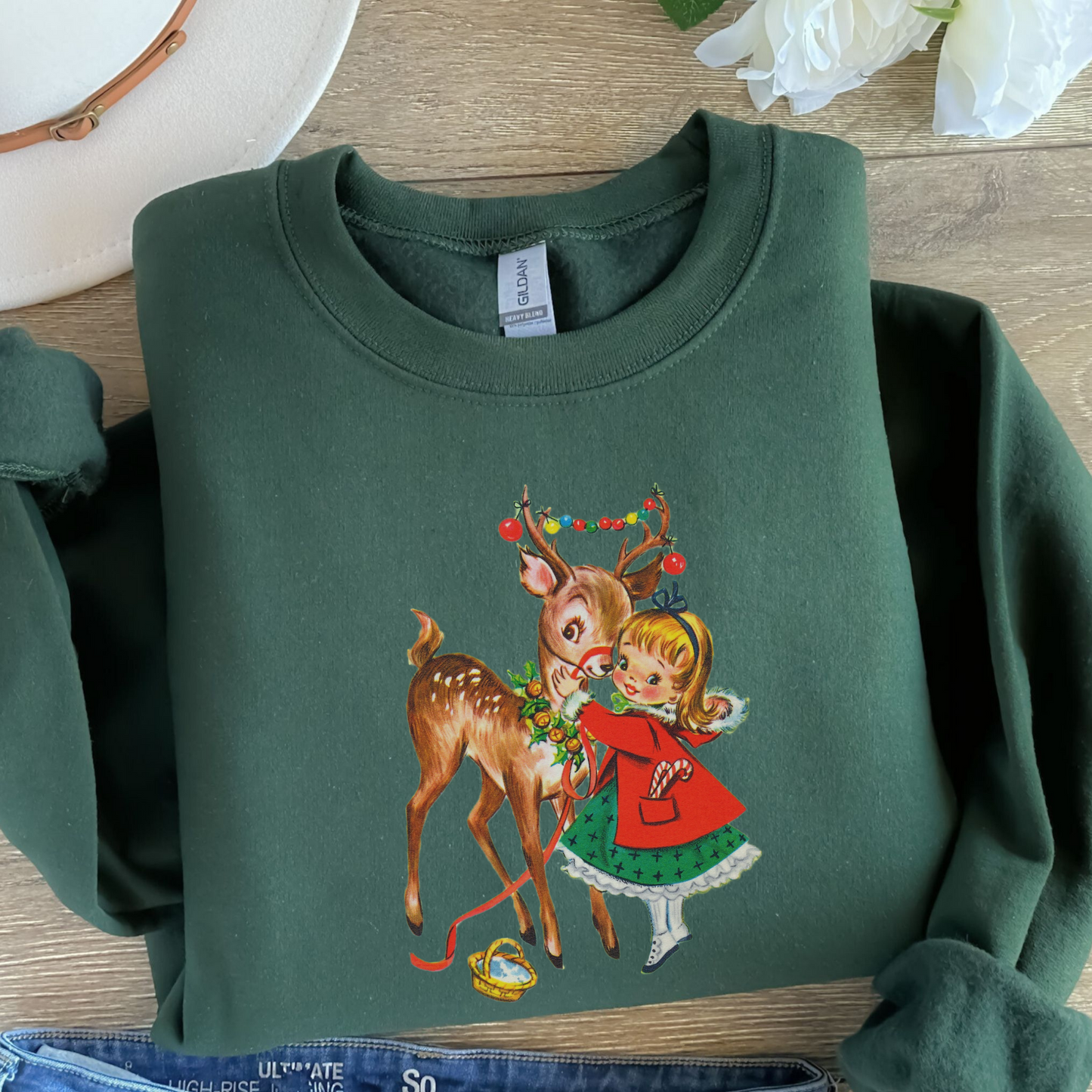 Vintage Reindeer Christmas Sweatshirt, Retro Christmas Shirt, Vintage Graphic, Vintage 1950s Girl and Reindeer Graphic, Rudolph Sweatshirt