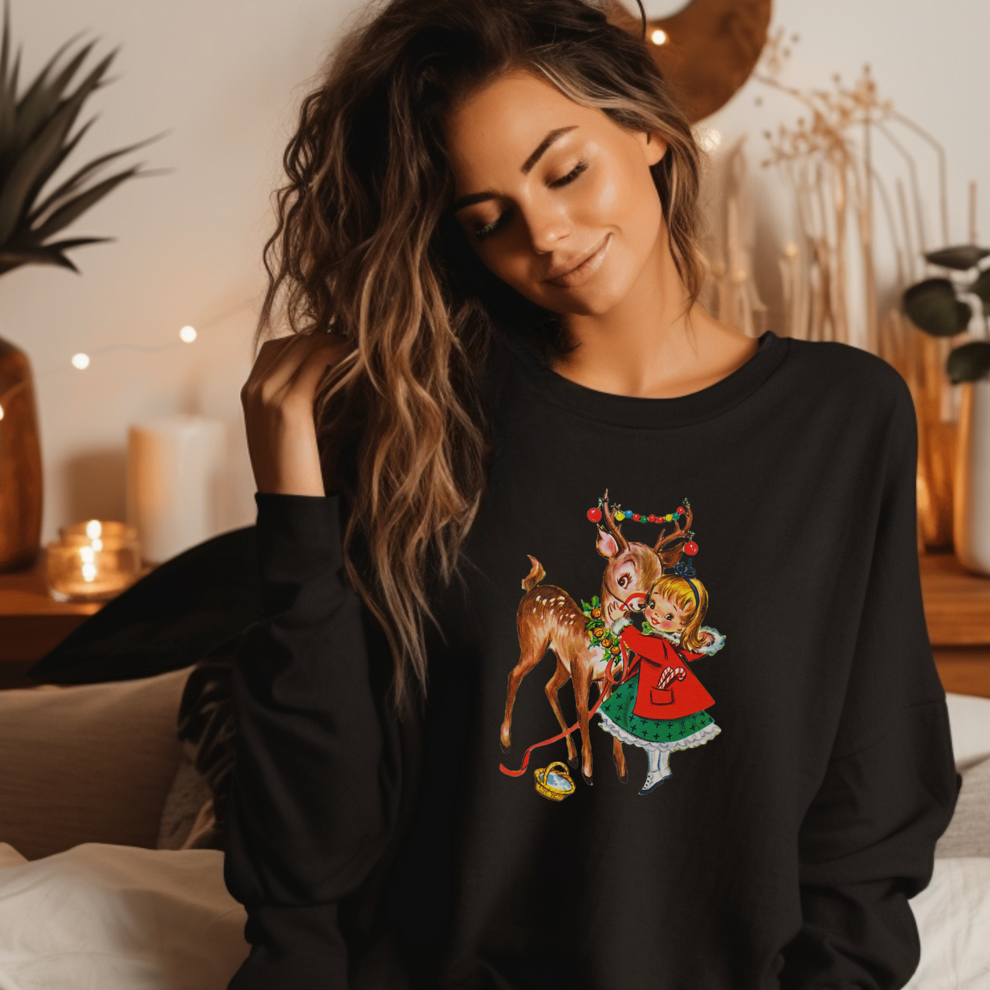Vintage Reindeer Christmas Sweatshirt, Retro Christmas Shirt, Vintage Graphic, Vintage 1950s Girl and Reindeer Graphic, Rudolph Sweatshirt