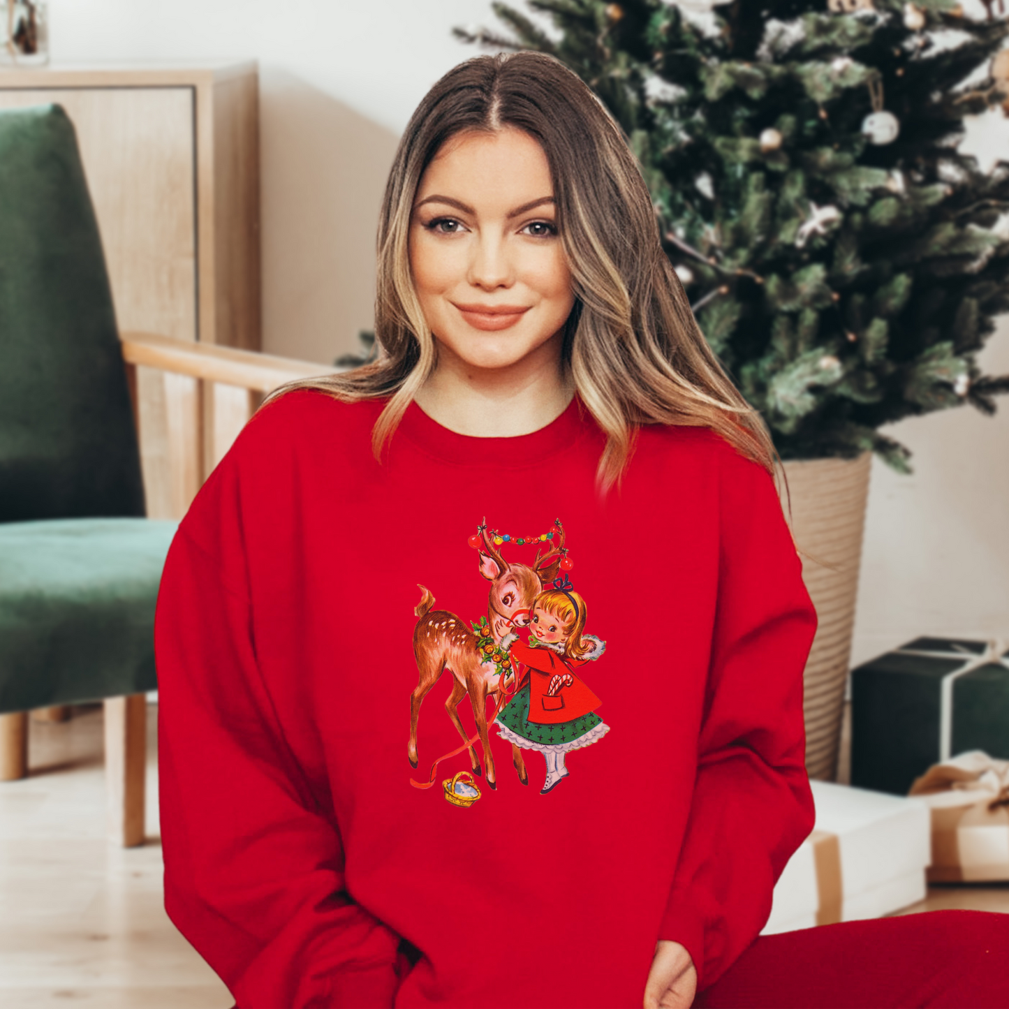 Vintage Reindeer Christmas Sweatshirt, Retro Christmas Shirt, Vintage Graphic, Vintage 1950s Girl and Reindeer Graphic, Rudolph Sweatshirt
