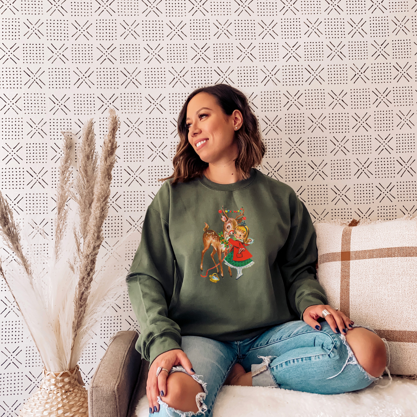 Vintage Reindeer Christmas Sweatshirt, Retro Christmas Shirt, Vintage Graphic, Vintage 1950s Girl and Reindeer Graphic, Rudolph Sweatshirt