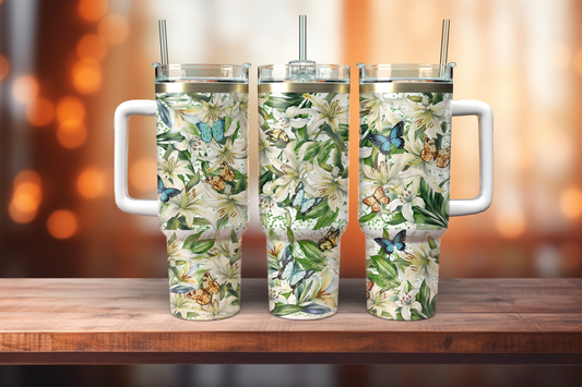 40oz Dupe handle tumbler, White Floral and Butterflies 40 oz Quencher Tumbler with Handle and Straw and Lid, 40 oz Tumbler, Personalized Tumbler for Her, Winter 40 oz Tumbler