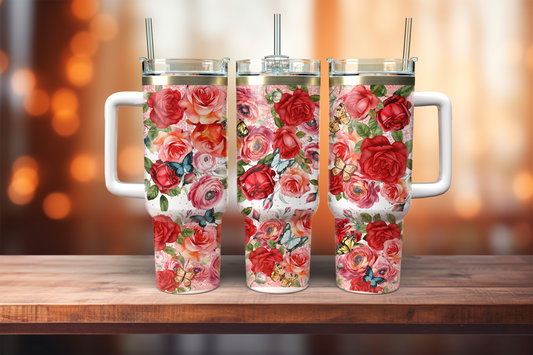 40oz Dupe handle tumbler, Red Floral 40 oz Quencher Tumbler with Handle and Straw and Lid, 40 oz Tumbler, Personalized Tumbler for Her, Winter 40 oz Tumbler