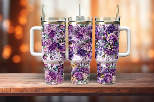 40oz Dupe handle tumbler, Purple Floral 40 oz Quencher Tumbler with Handle and Straw and Lid, 40 oz Tumbler, Personalized Tumbler for Her, Winter 40 oz Tumbler