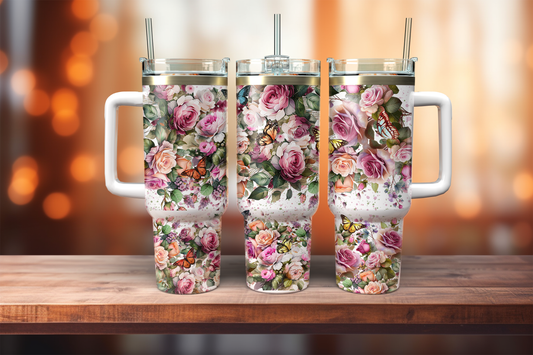 40oz Dupe handle tumbler, Pink Floral and Butterfly 40 oz Quencher Tumbler with Handle and Straw and Lid, 40 oz Tumbler, Personalized Tumbler for Her, Winter 40 oz Tumbler