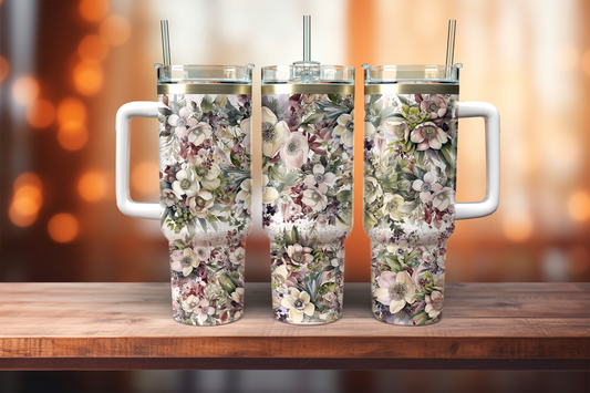 40oz Dupe handle tumbler, White Floral 40 oz Quencher Tumbler with Handle and Straw and Lid, 40 oz Tumbler, Personalized Tumbler for Her, Winter 40 oz Tumbler