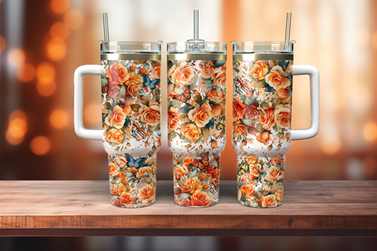 40oz Dupe handle tumbler, Fall Floral and butterfly 40 oz Quencher Tumbler with Handle and Straw and Lid, 40 oz Tumbler, Personalized Tumbler for Her, Winter 40 oz Tumbler