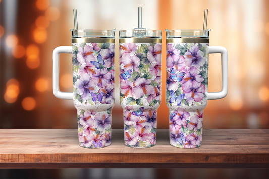 40oz Dupe handle tumbler, Purple Floral 40 oz Quencher Tumbler with Handle and Straw and Lid, 40 oz Tumbler, Personalized Tumbler for Her, Winter 40 oz Tumbler